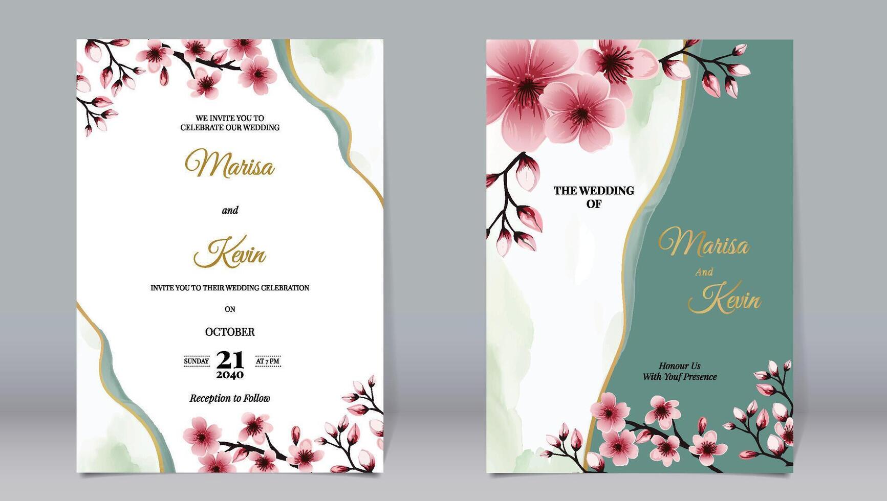 Luxury wedding invitation cherry blossom decoration on watercolor background vector