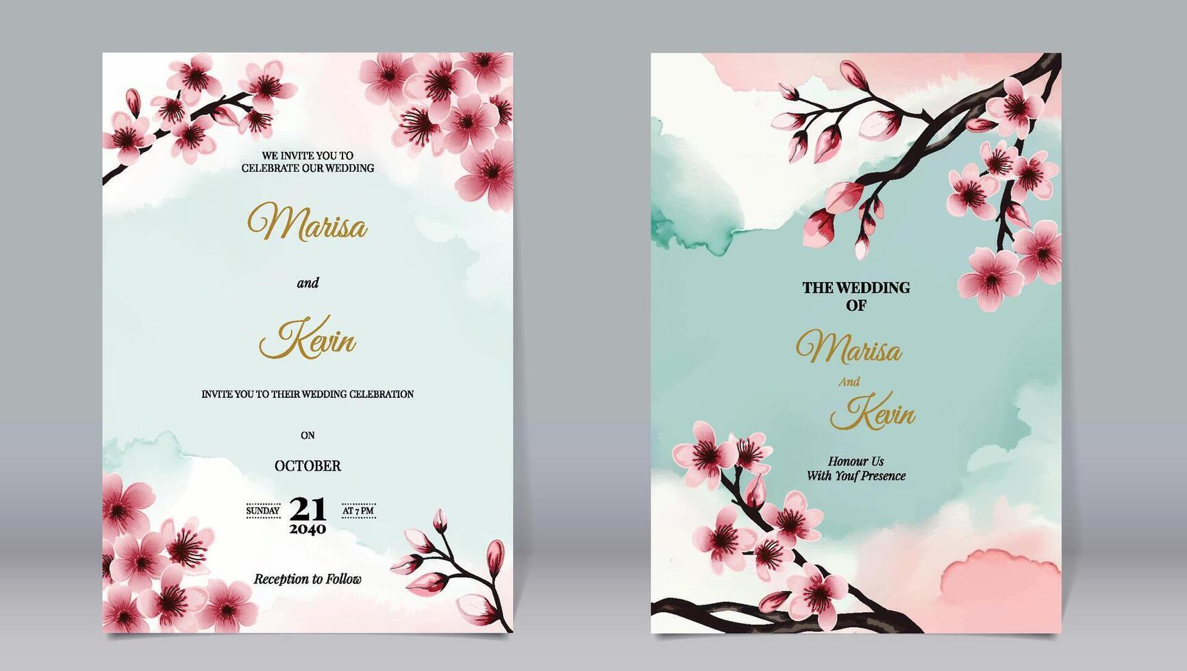 Elegant wedding invitation of cherry blossoms on two-tone watercolor background vector