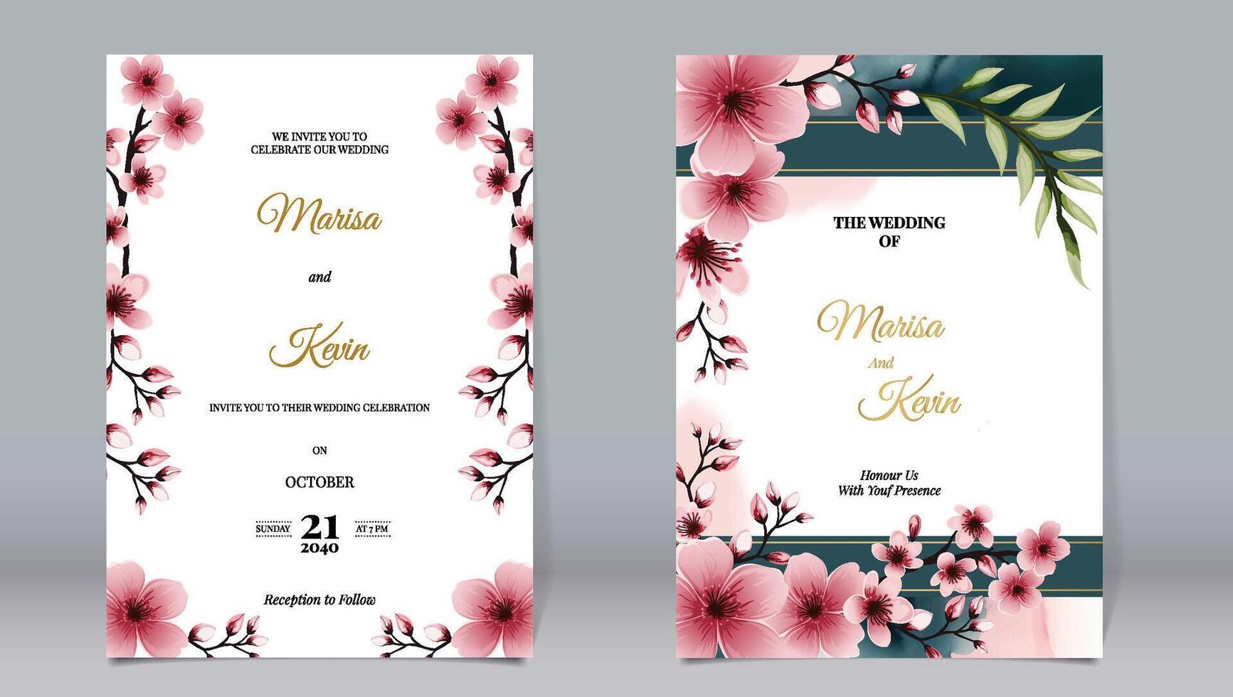 Luxury wedding invitation decoration cherry blossoms and leaves on watercolor background vector