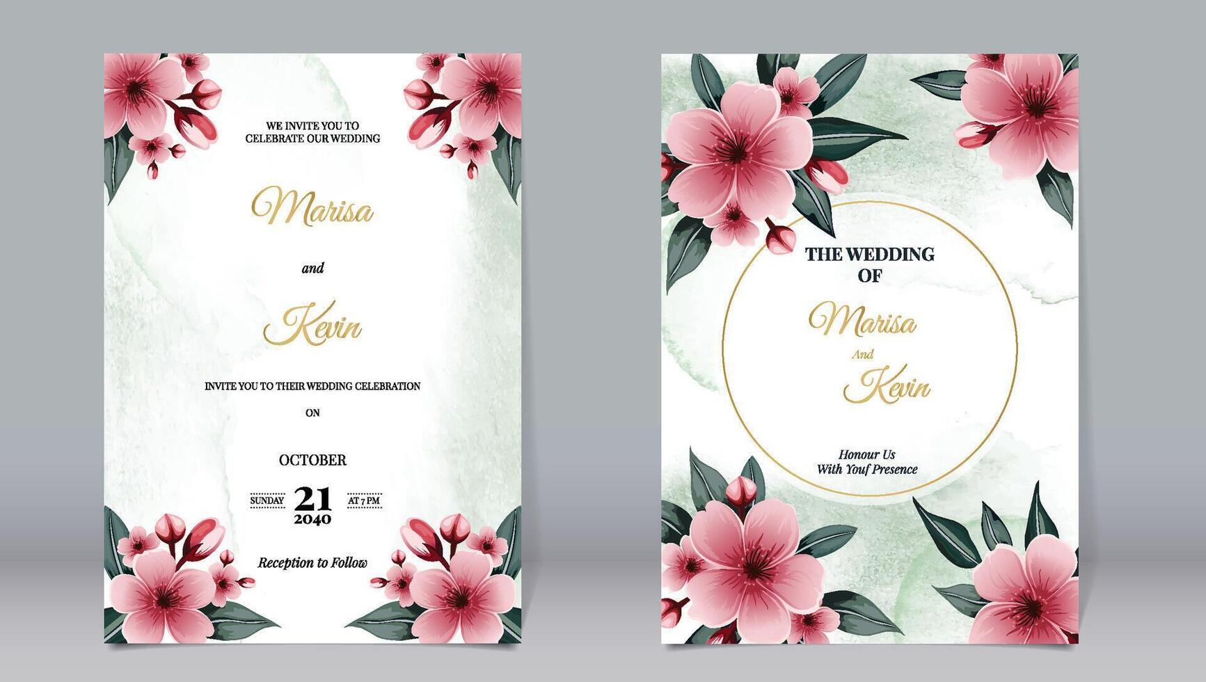 Elegant wedding invitation cherry blossoms and leaves golden circular elements on watercolor background vector