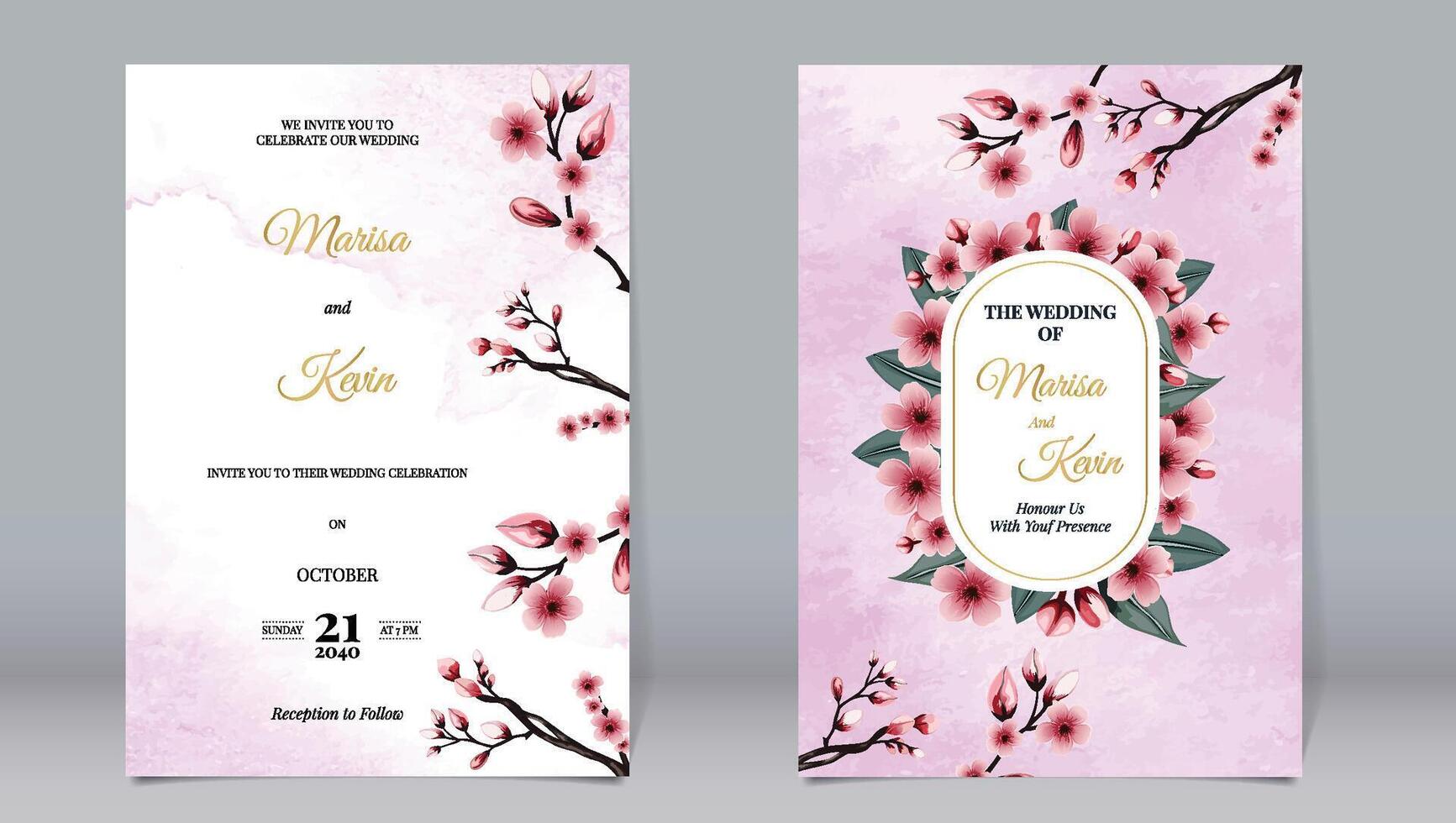 Luxury wedding invitation cherry blossom decoration and golden oval elements on pink watercolor background vector