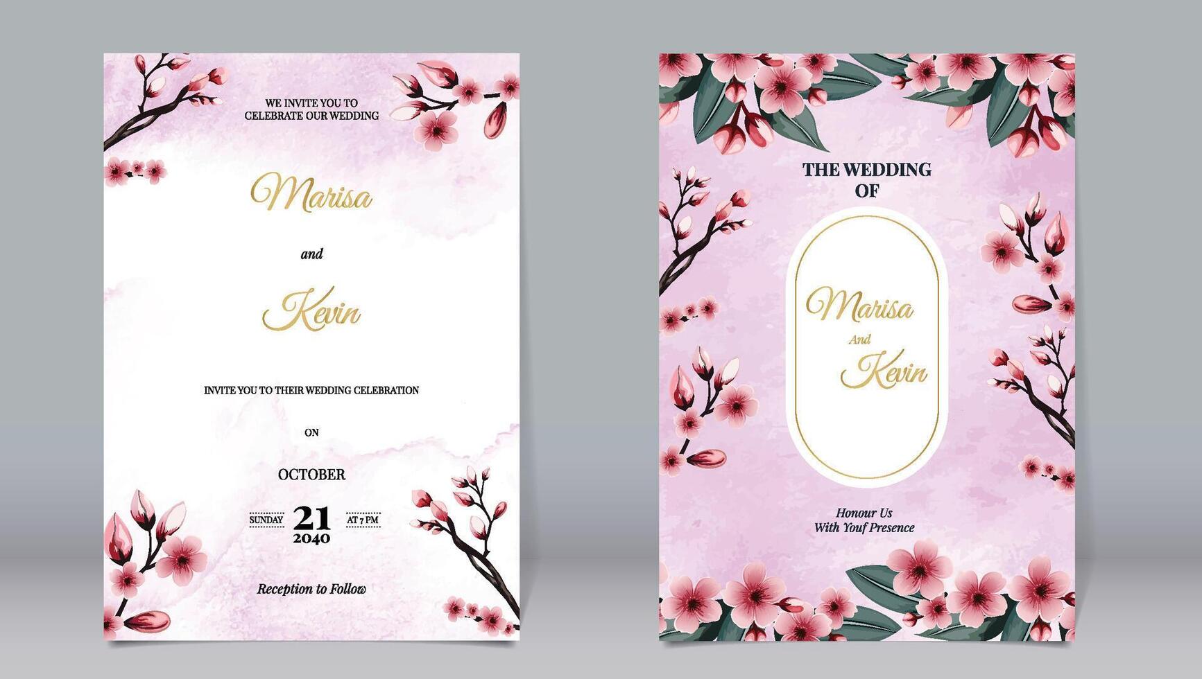 Luxury wedding invitation cherry blossoms and leaves golden oval elements on pink watercolor background vector