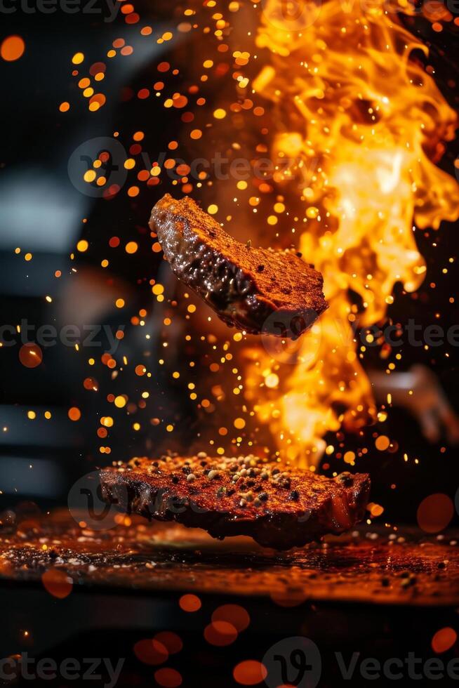AI generated A hearty steak on fire, sizzling on a hot grill photo