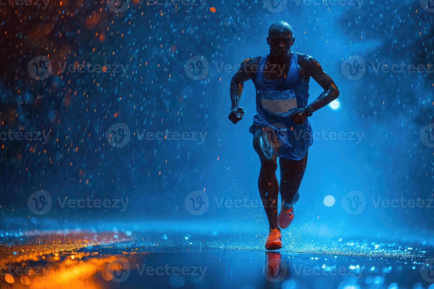 AI generated An African-American running athlete runs alone in the rain at night. An active lifestyle photo