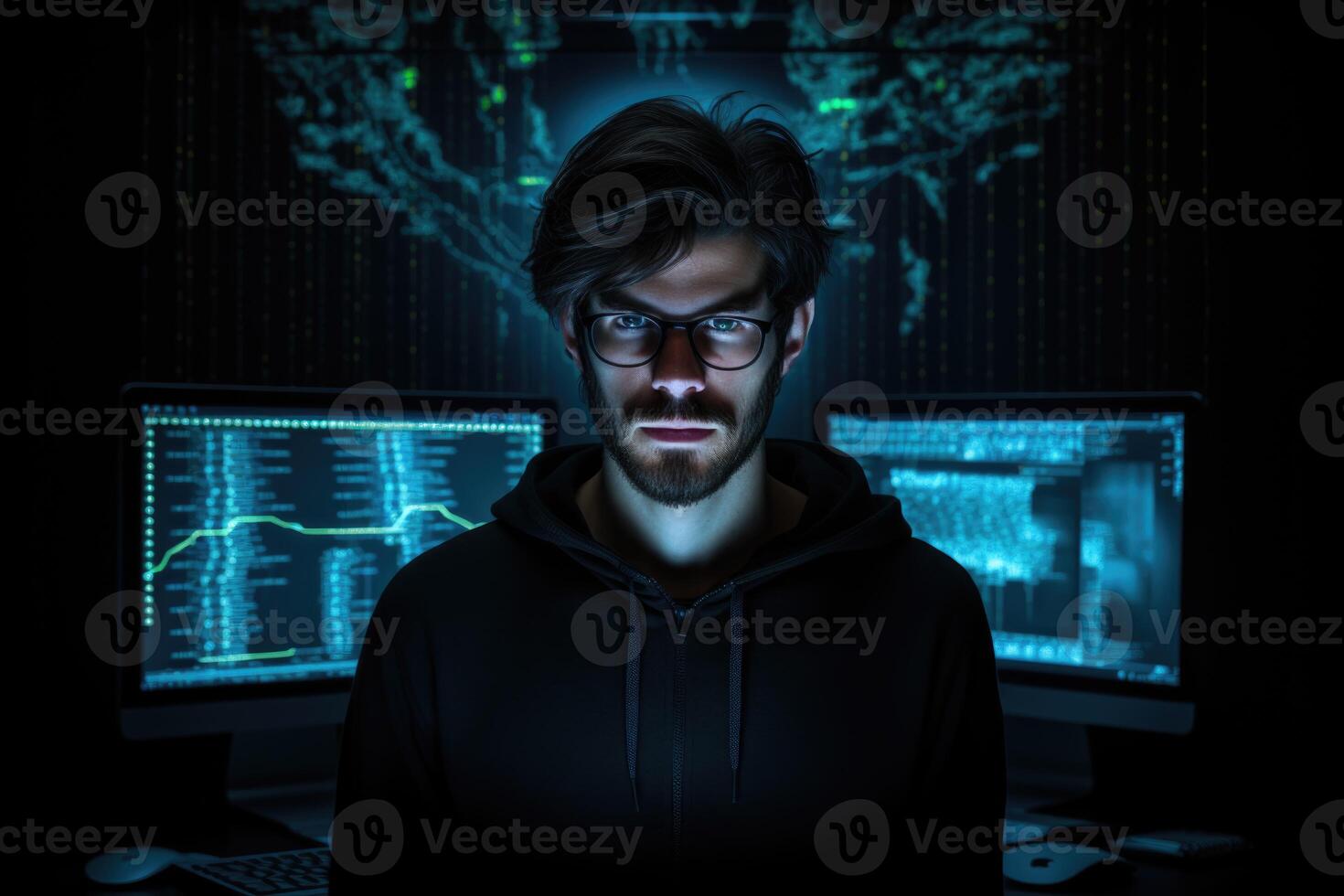 AI generated A portrait of a Programmer or coder programming on a computer checks the program code. Hacker photo