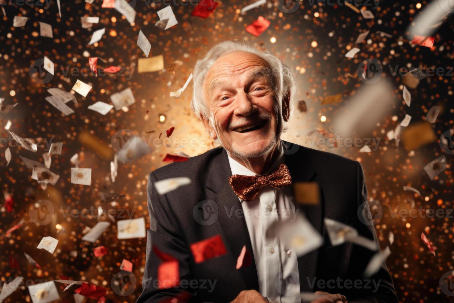 AI generated A happy elderly man in festive attire expresses his emotions while confetti flies at him photo