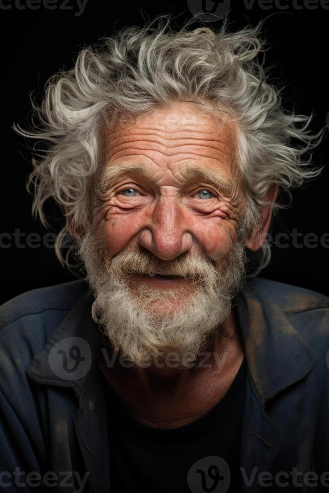 AI generated Portrait of a funny old man with a beard on a black background photo