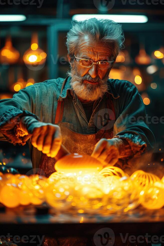 AI generated A man is a glassblower working in a glass factory where products are created manually photo