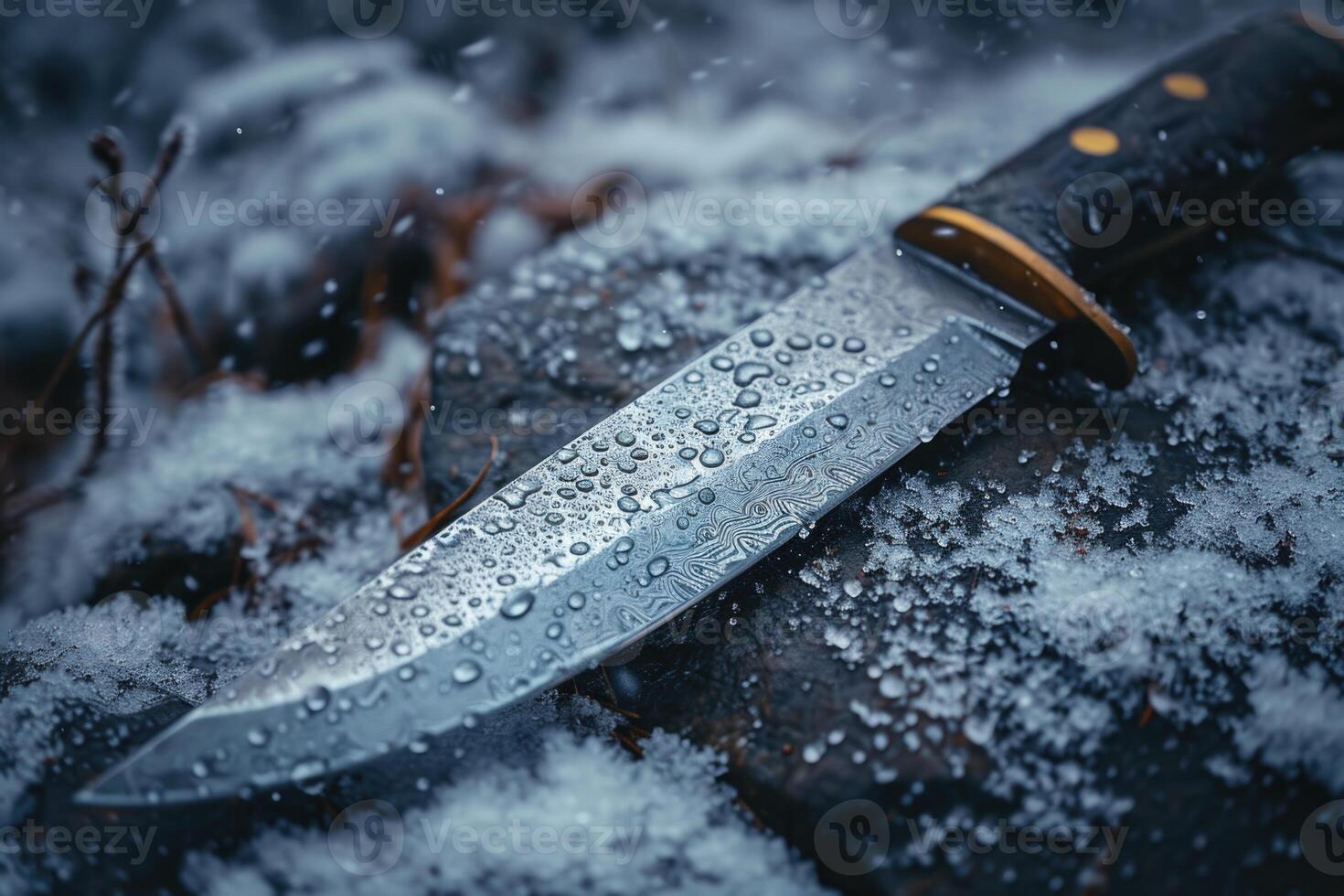 AI generated One Stylish Damascus steel kitchen knife on a wooden board photo