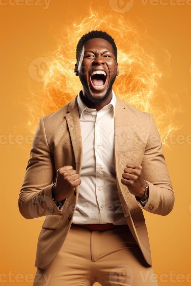 AI generated An emotional young African American man in a suit on a yellow background celebrates success photo