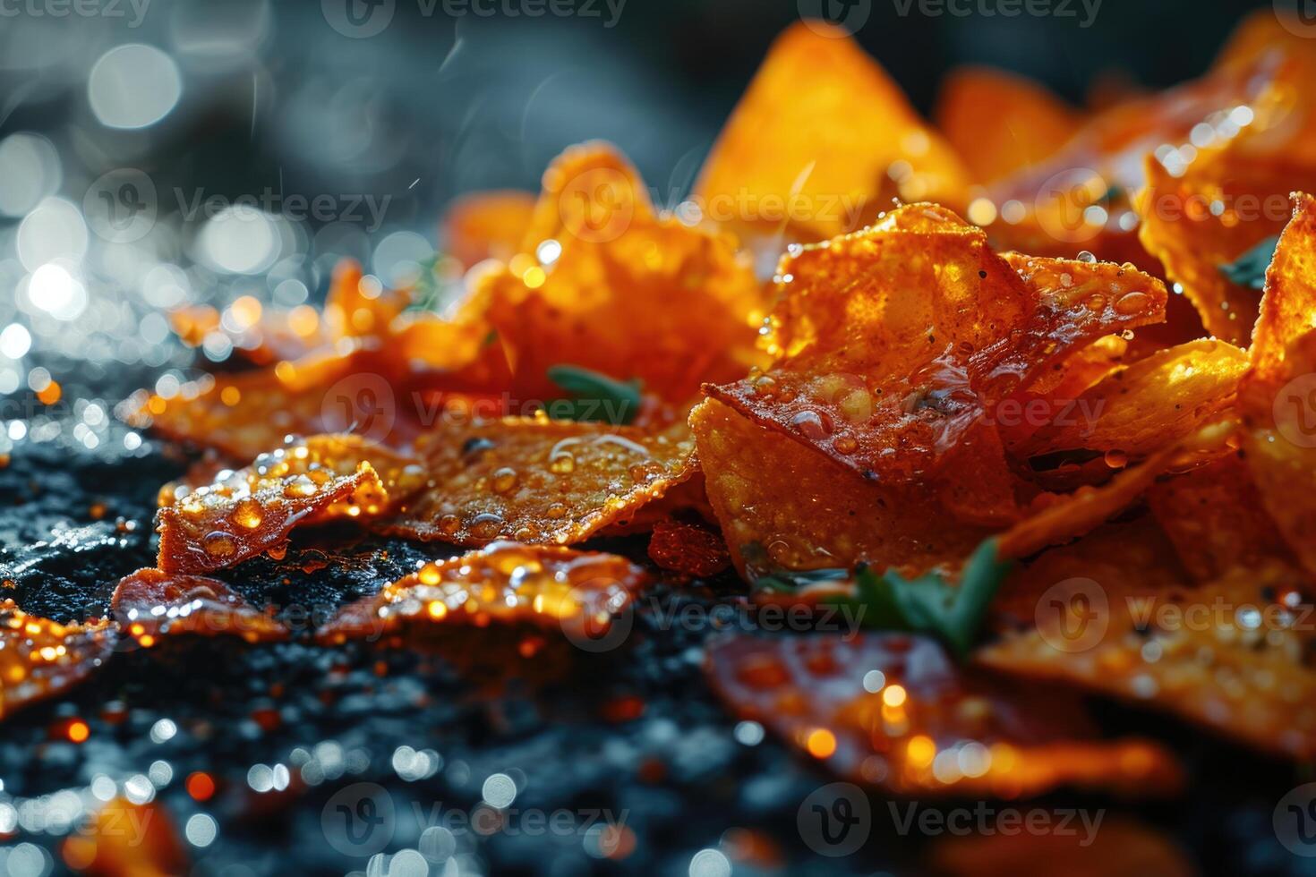 ai generado Fresco patata papas fritas dispersado en el mesa. un delicioso bocadillo foto