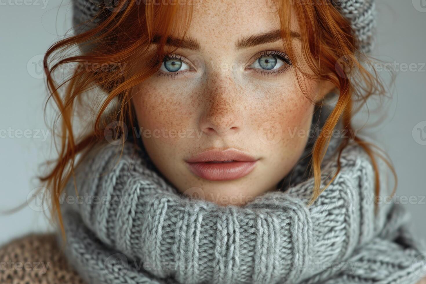 AI generated Portrait of a beautiful serious red-haired young girl in close-up photo