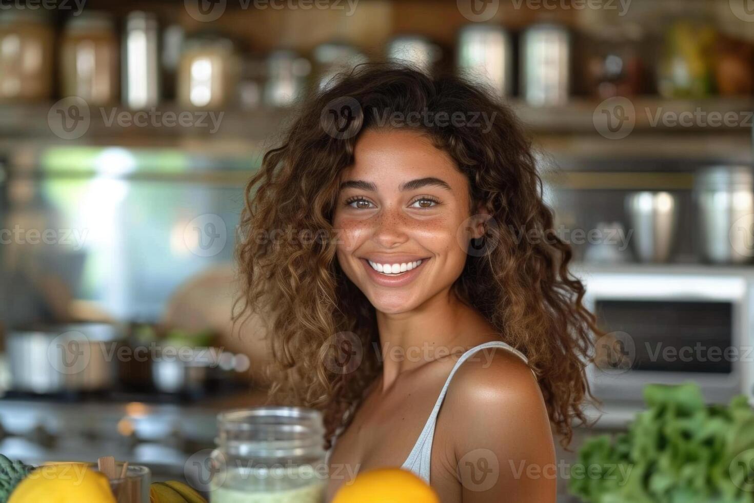 ai generado un africano mujer sostiene un vaso de verde zalamero en su manos en contra el antecedentes de el cocina foto