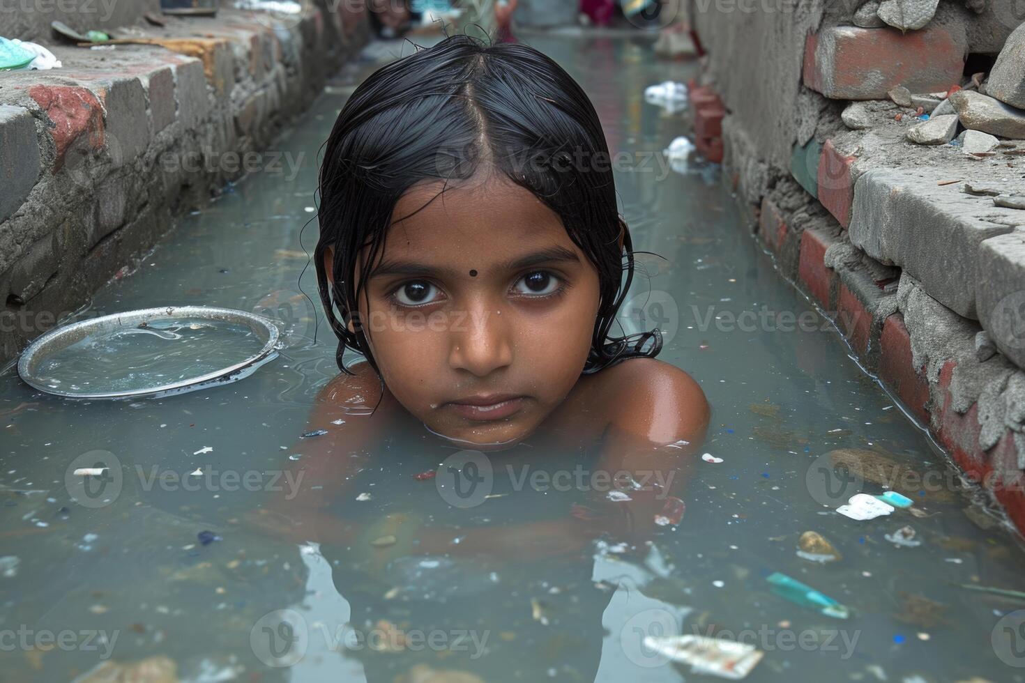 AI generated Poor Indian children bathe in the sewage water drain in the village photo