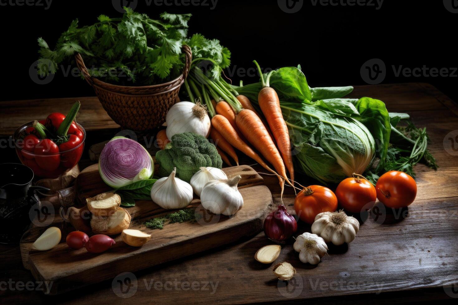 ai generado clasificado frutas en un de madera mesa en un negro antecedentes foto