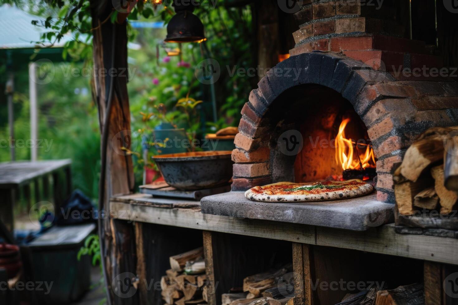 AI generated Delicious fresh Italian pizza lies near the oven, baked in a wood-burning oven photo