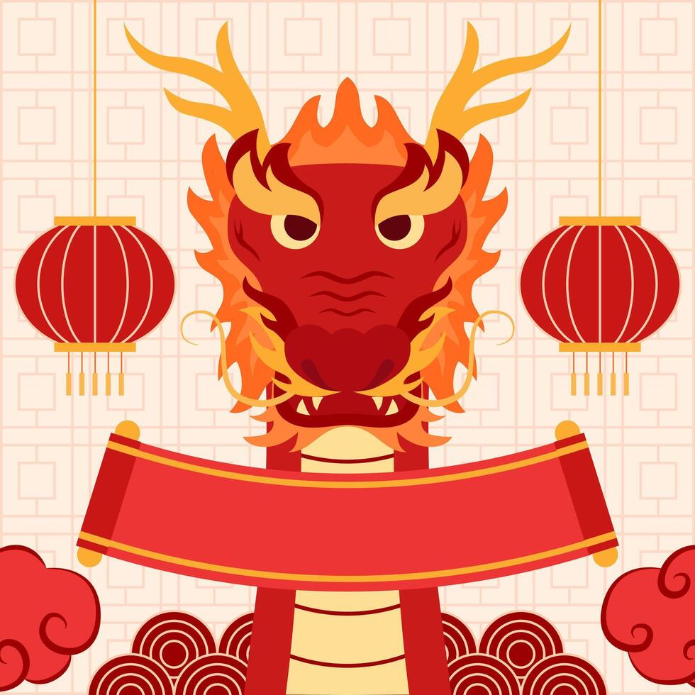 New Year 2024, the Year of the Dragon, is a design asset suitable for greeting cards, banners, and vector illustrations. It features lanterns, ornaments, and clouds using red colors
