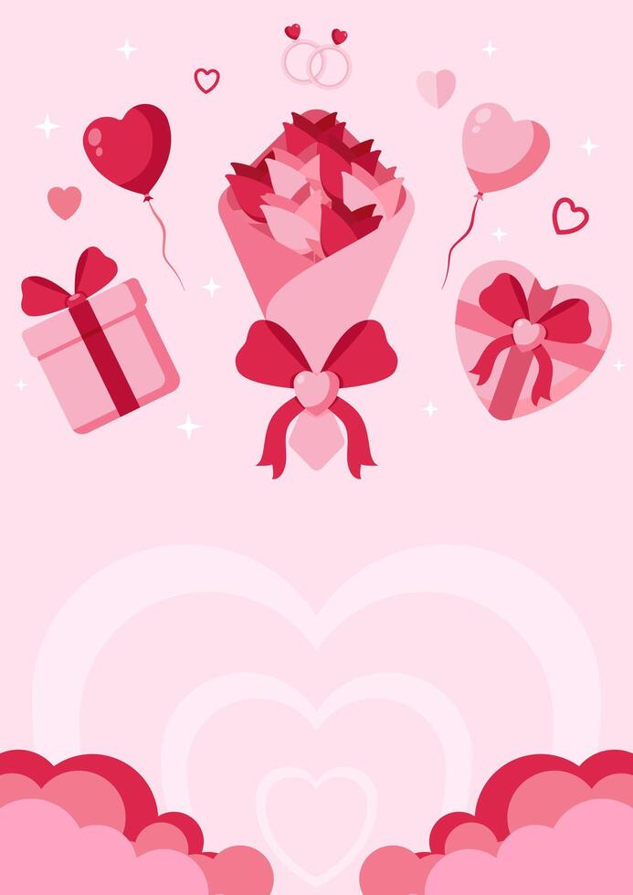 Valentine greeting card potrait in Red and Pink Colors.Vector illustration with cloud background, flying love balloons,gift box,roses,paper hearts,key,and a padlock.Copy space area. vector