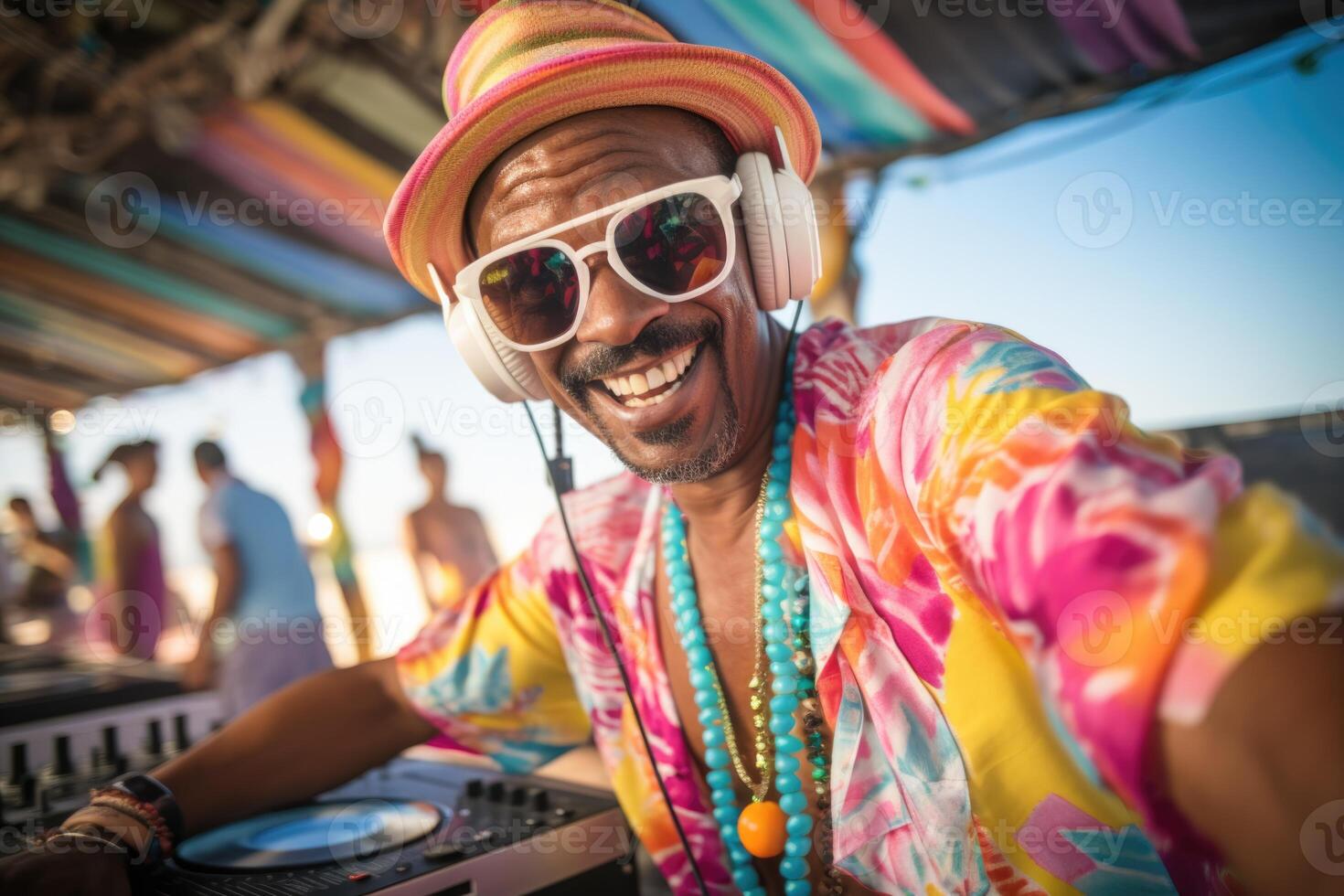 AI generated A cheerful DJ with glasses is playing at a beach party. Outdoor concert photo