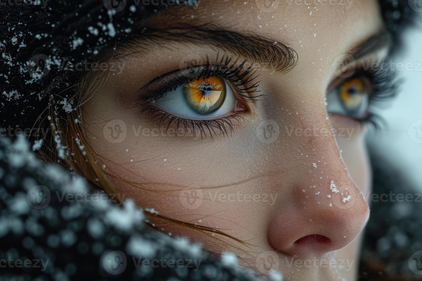 AI generated Macro photography of a girl 's brown eyes . Eyelashes and eyebrows photo