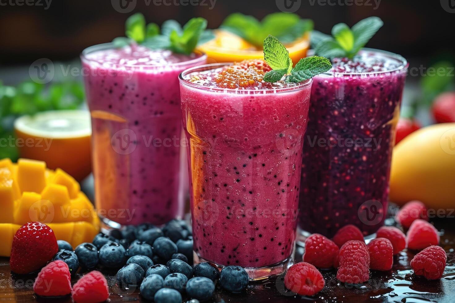 AI generated Summer colorful fruit smoothies in glasses on the table. Berries and fruits are lying nearby photo
