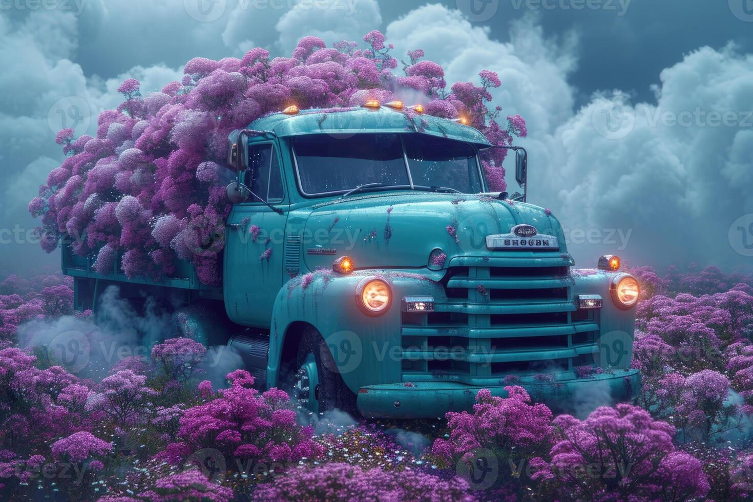 AI generated An old truck in a flower bed. Decor photo