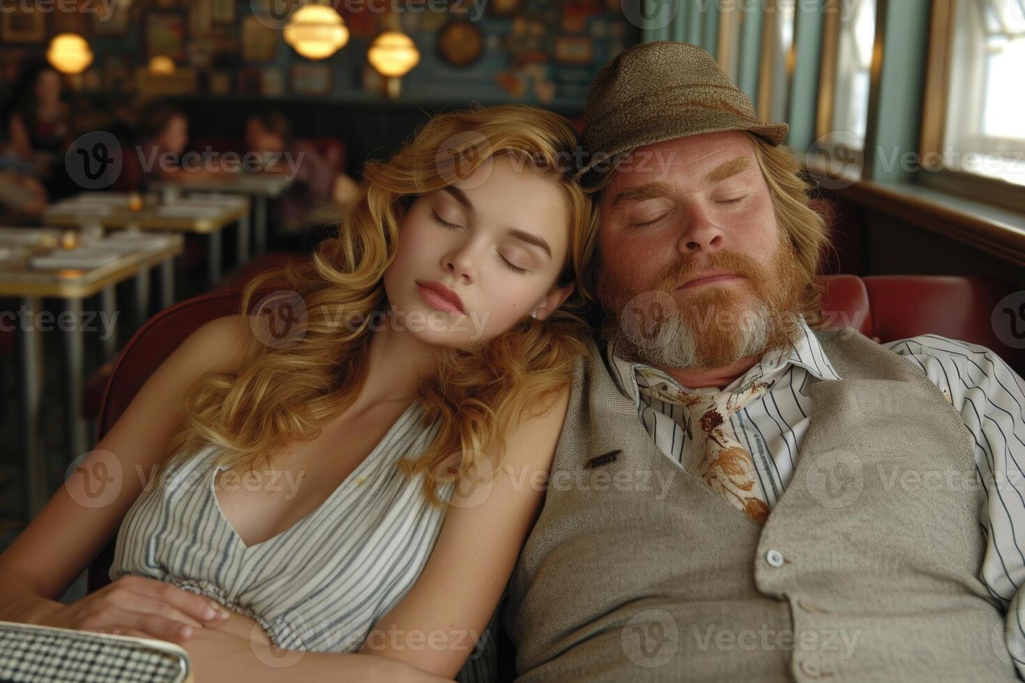 AI generated A well-fed man and a girl are watching relaxing in a cafe sitting on the couch. Retro cafe. Cinematic photography photo