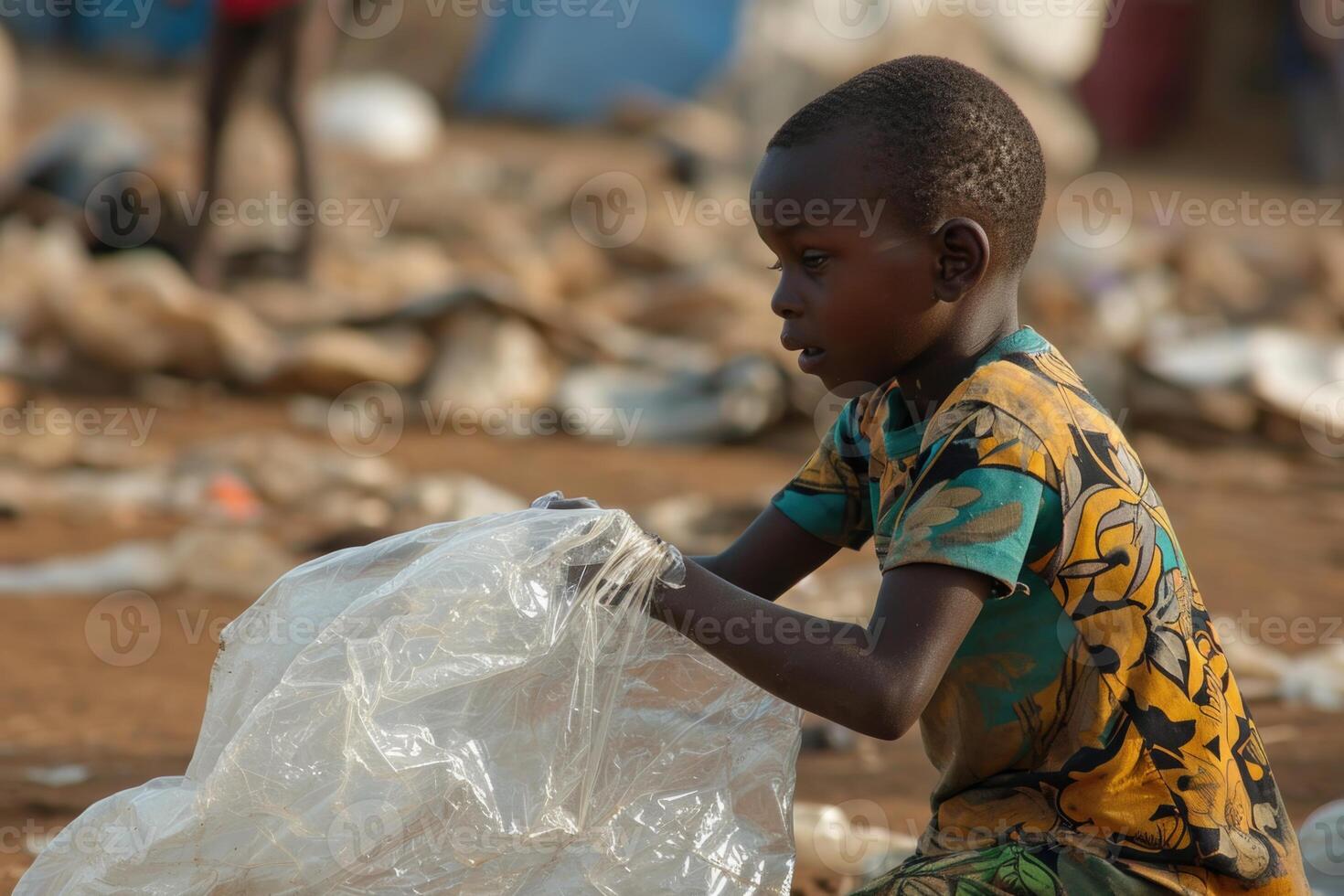 AI generated Tired little African boy collects garbage on the street photo