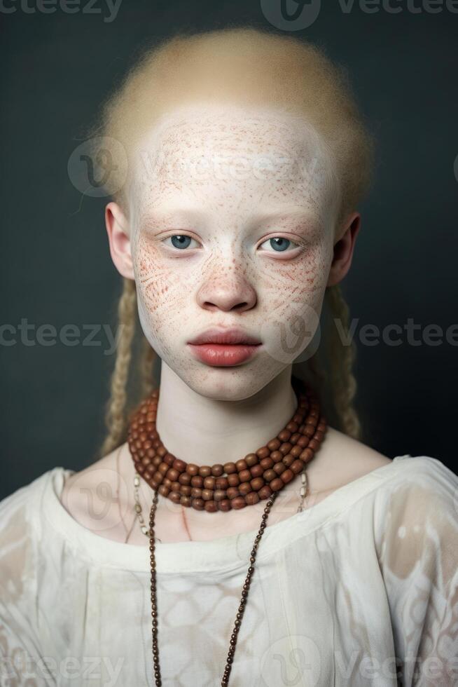 AI generated Portrait of an albino African girl on a dark background close-up photo