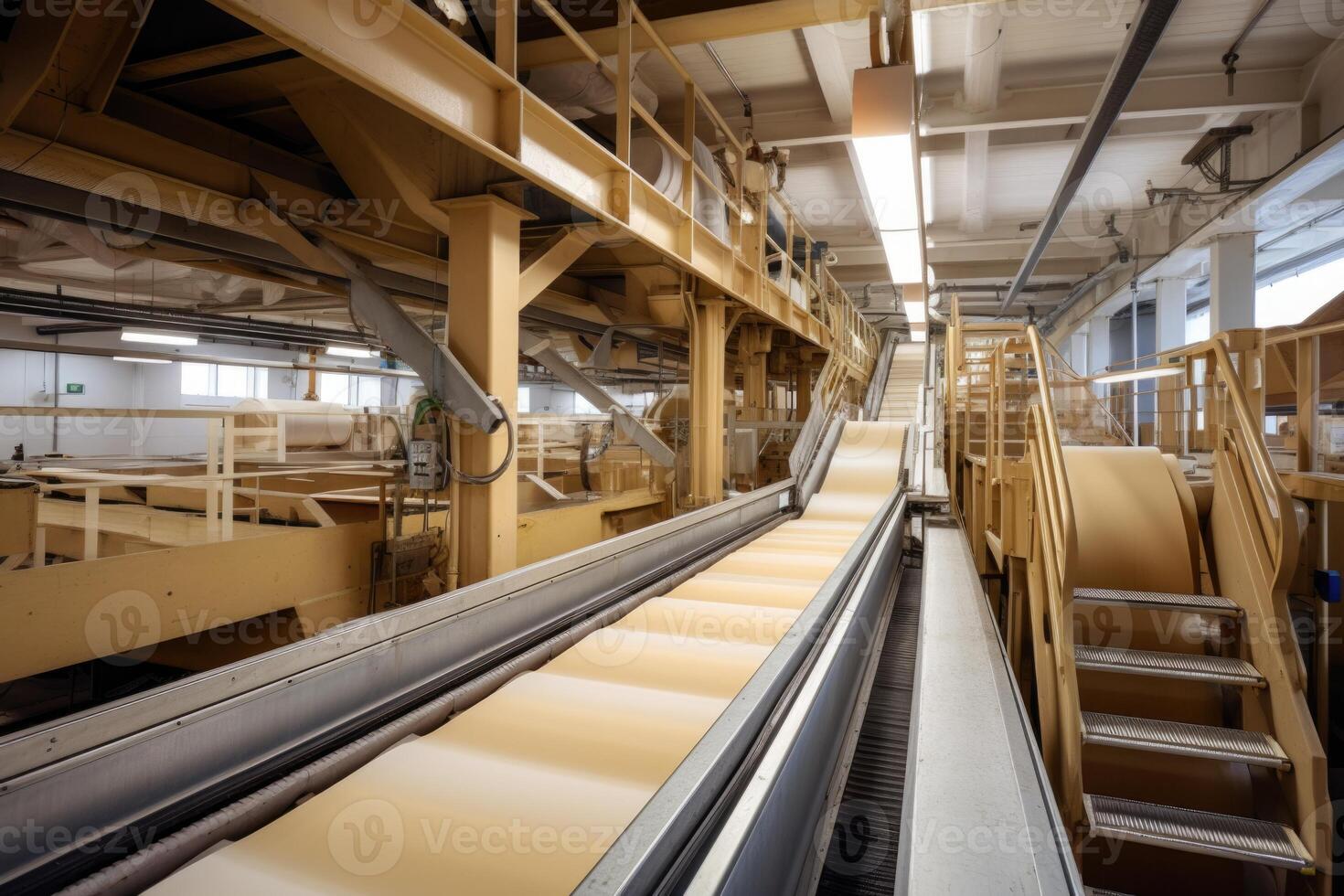 AI generated A paper production line at a waste paper recycling factory. Pulp and paper mill photo