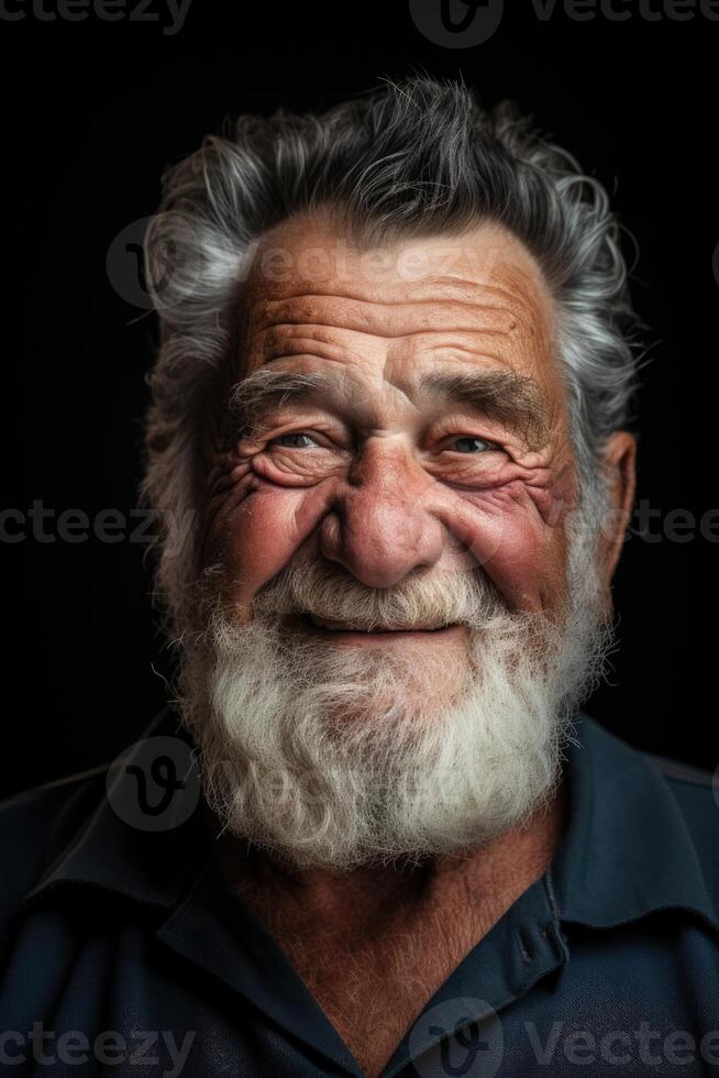 ai generado retrato de un gracioso antiguo hombre con un barba en un negro antecedentes foto