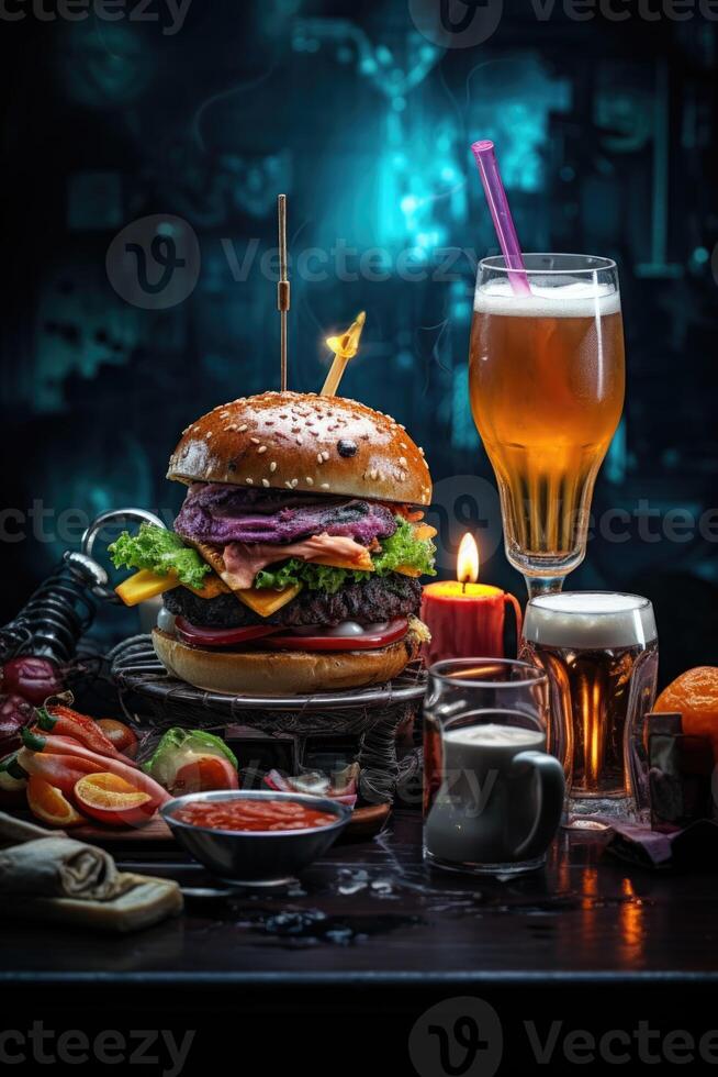 AI generated A set of beer for burgers and other snacks on the table. Dark background, fast food photo