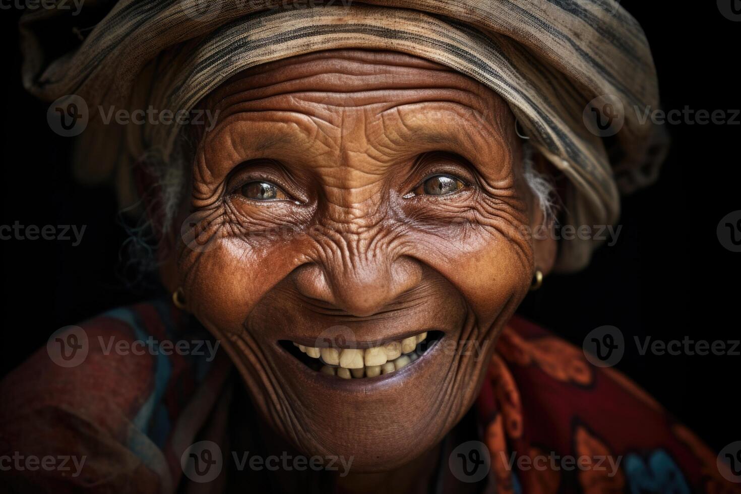 AI generated Smiling elderly African woman in a national headdress , portrait of a face photo