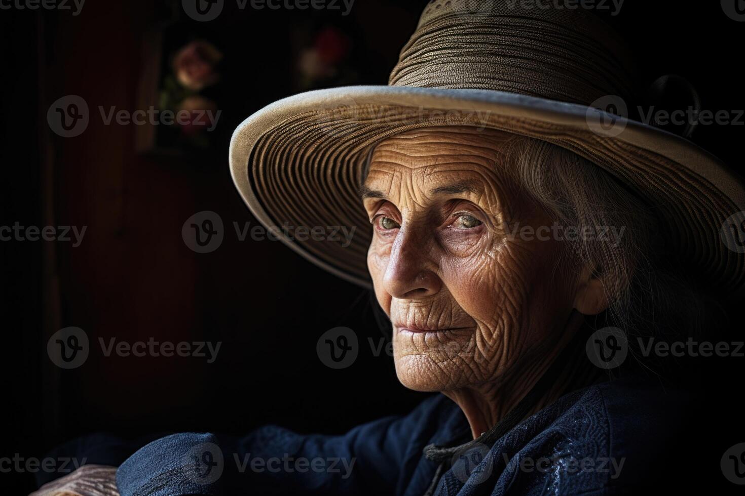 AI generated Portrait of an elderly woman in a hat, on a black background photo