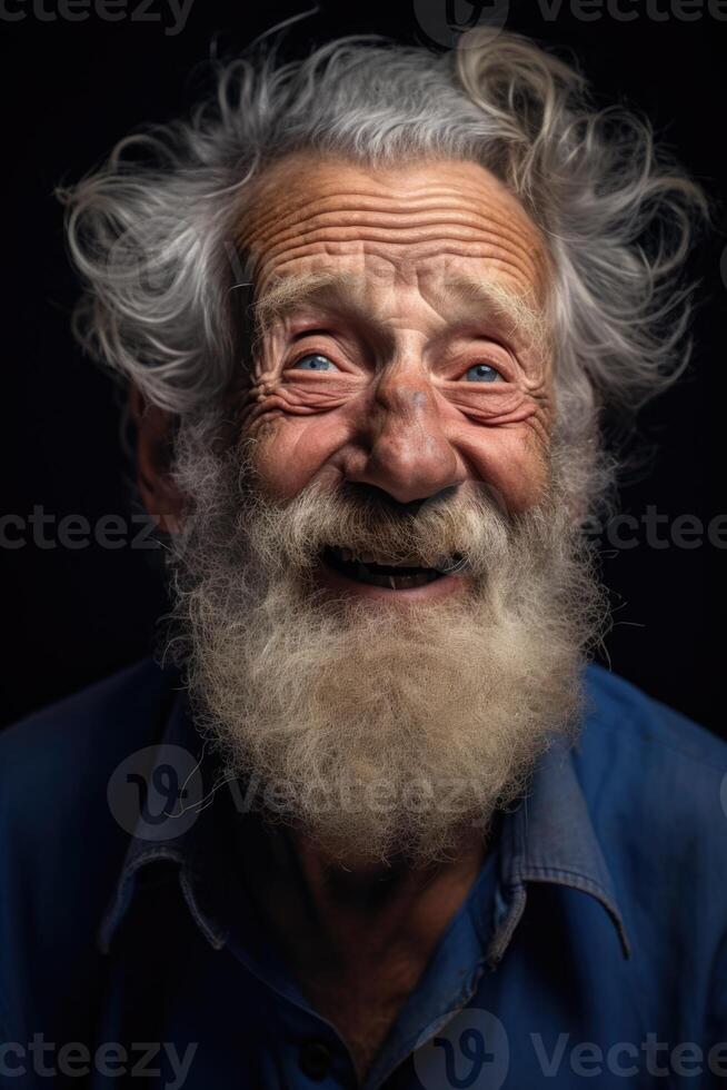 AI generated Portrait of a funny old man with a beard on a black background photo