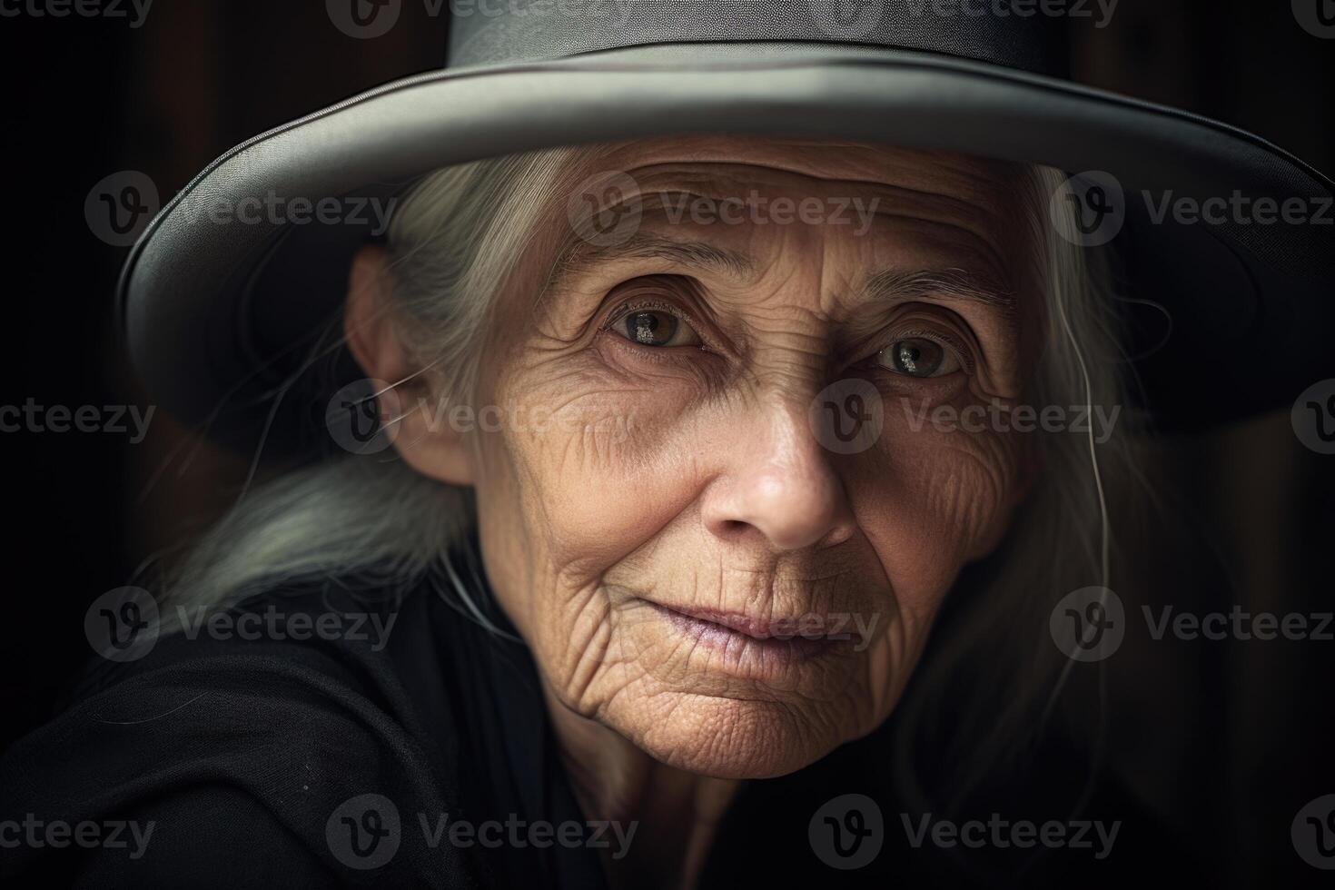 AI generated Portrait of an elderly woman in a hat, on a black background photo