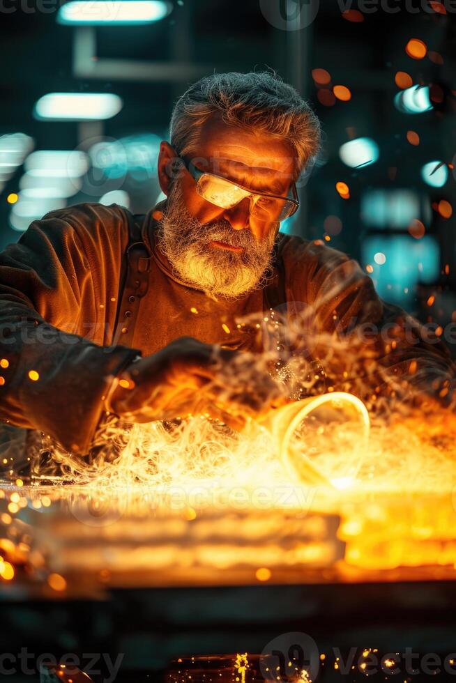 AI generated A man is a glassblower working in a glass factory where products are created manually photo