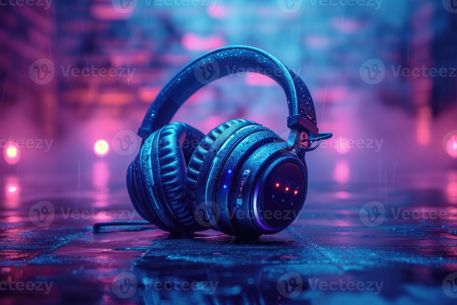 AI generated Large headphones lay on the night pavement. Night disco music background with neon lighting photo