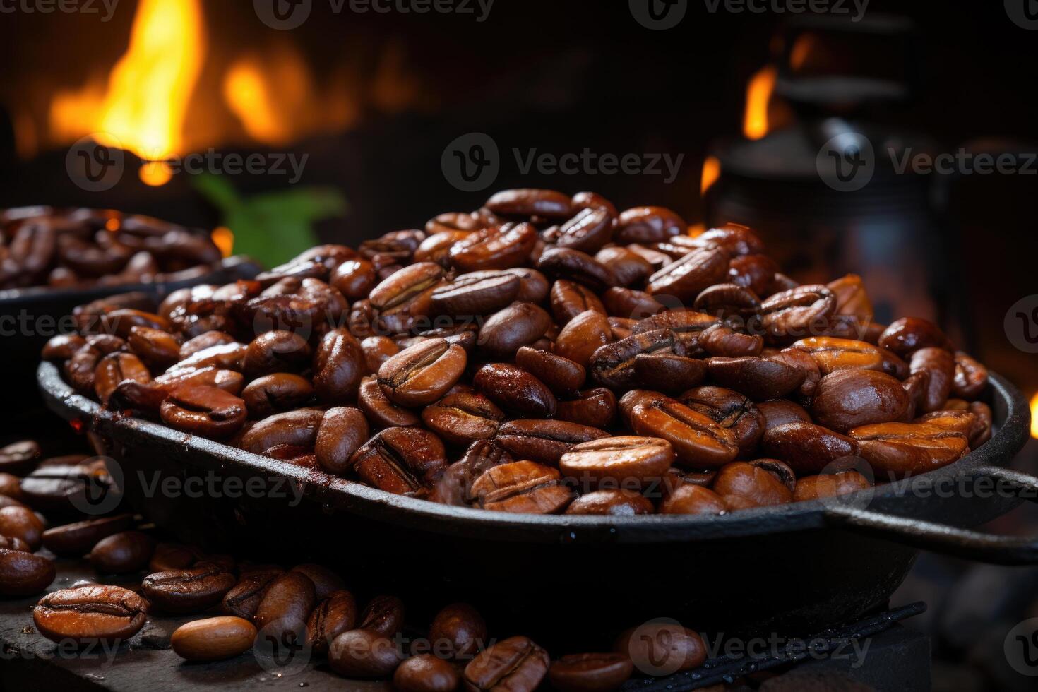 AI generated Roasted coffee beans close-up in dishes . Colombian coffee photo