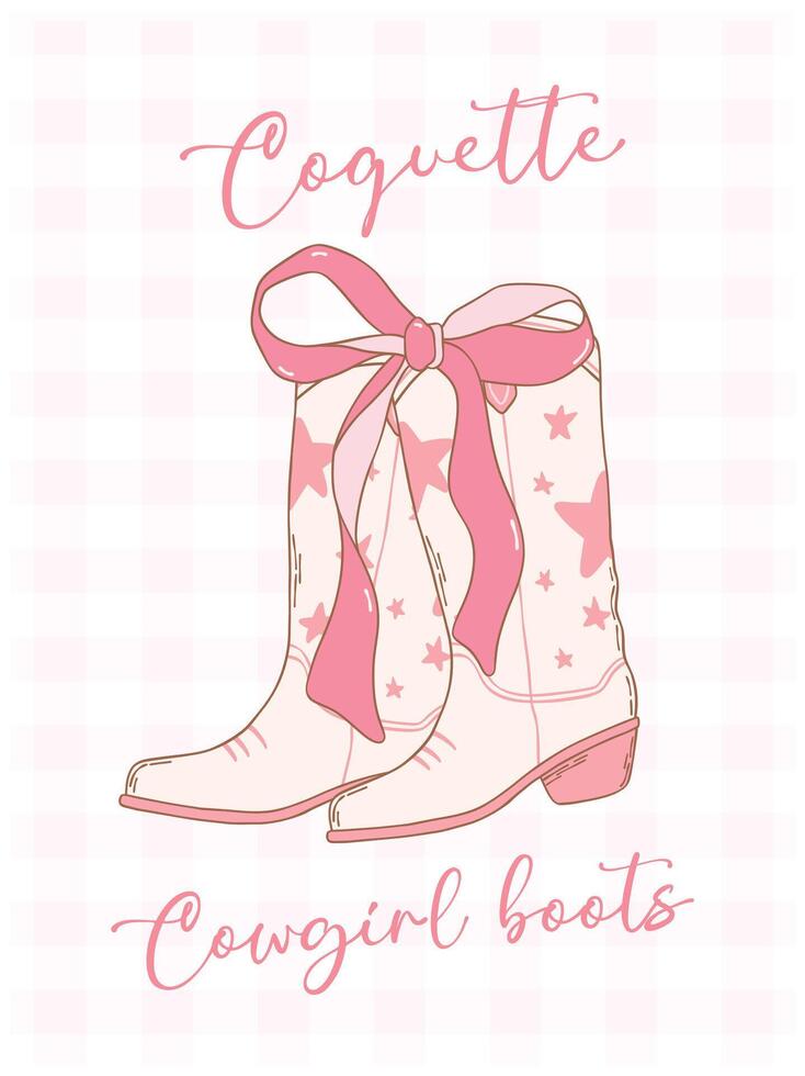 Cute Pink Coquette Cowgirl Boots groovy with Ribbon Bow Hand Drawn Doodle vector