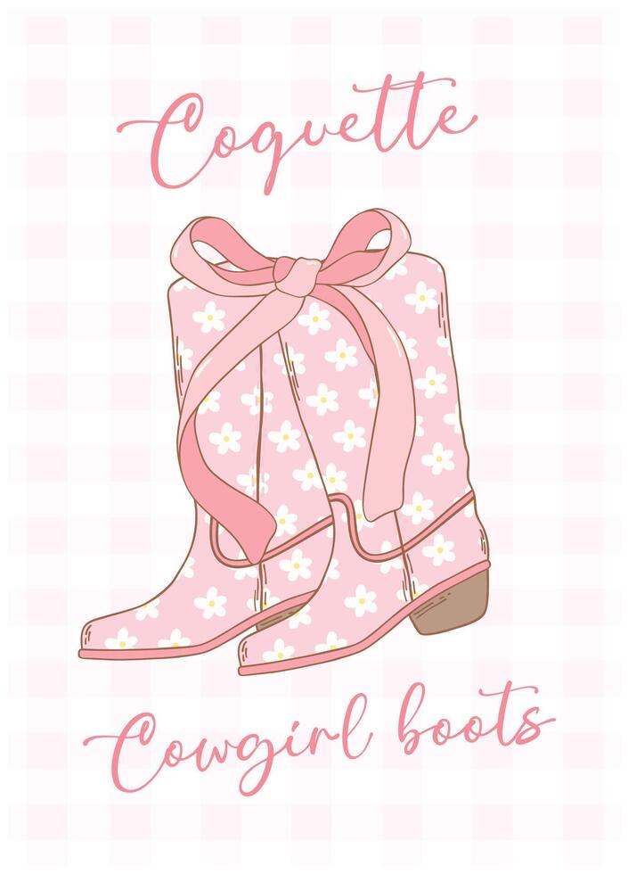 Cute Pink Coquette Cowgirl Boots with Ribbon Bow Hand Drawn Doodle vector