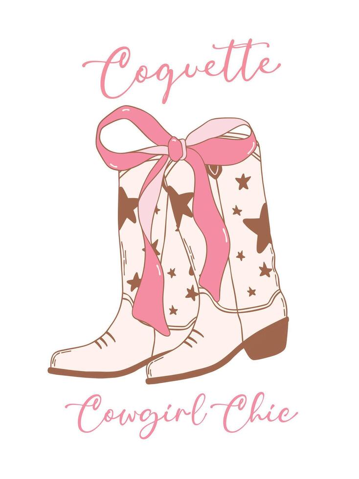 Coquette Cowgirl Boots groovy with pink Ribbon Bow Hand Drawn Doodle vector