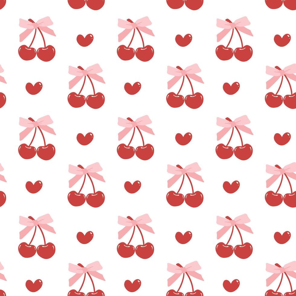 cute coquette aesthetic pattern seamless red cherries with pink ribbon bow isolated on white background vector