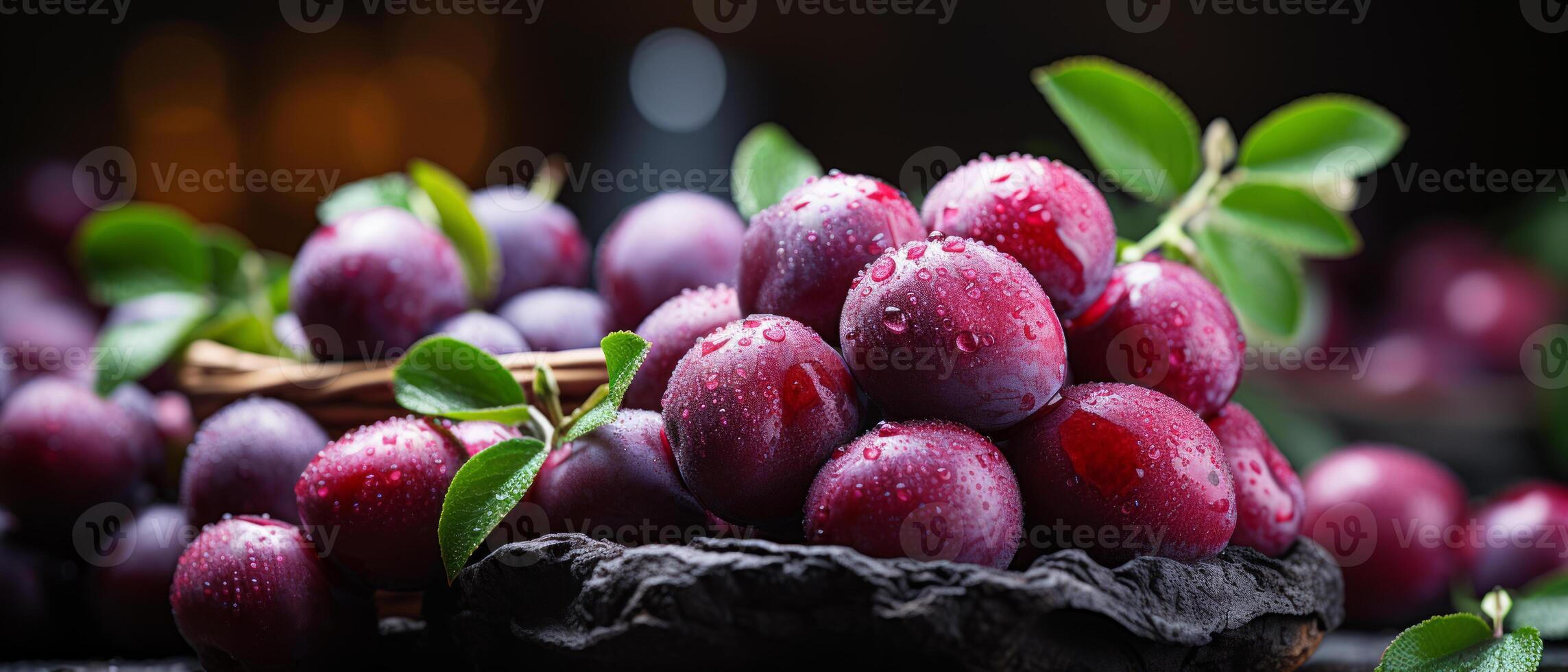 AI generated Elegant arrangement of plums in a rustic wooden bowl on a wooden table. photo