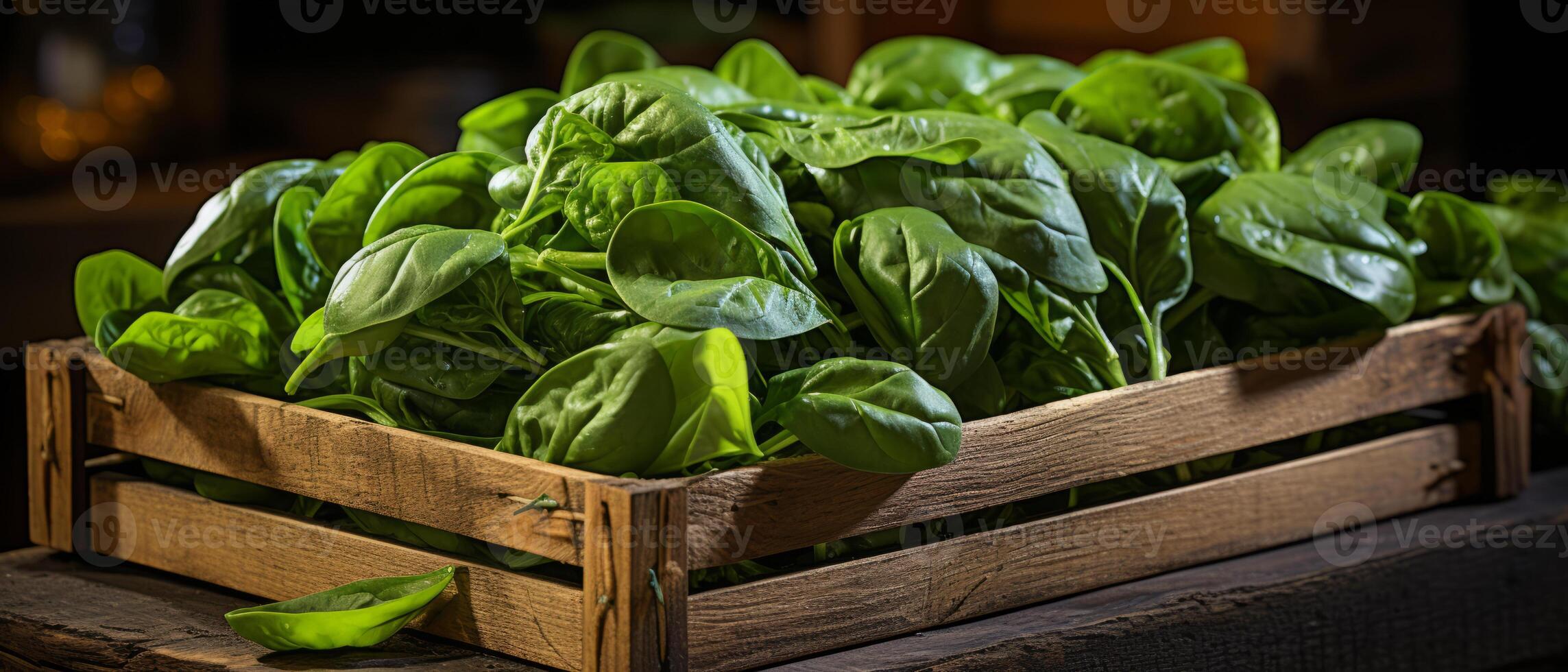 AI generated Close-up of a spinach leaf with glistening water droplets. photo