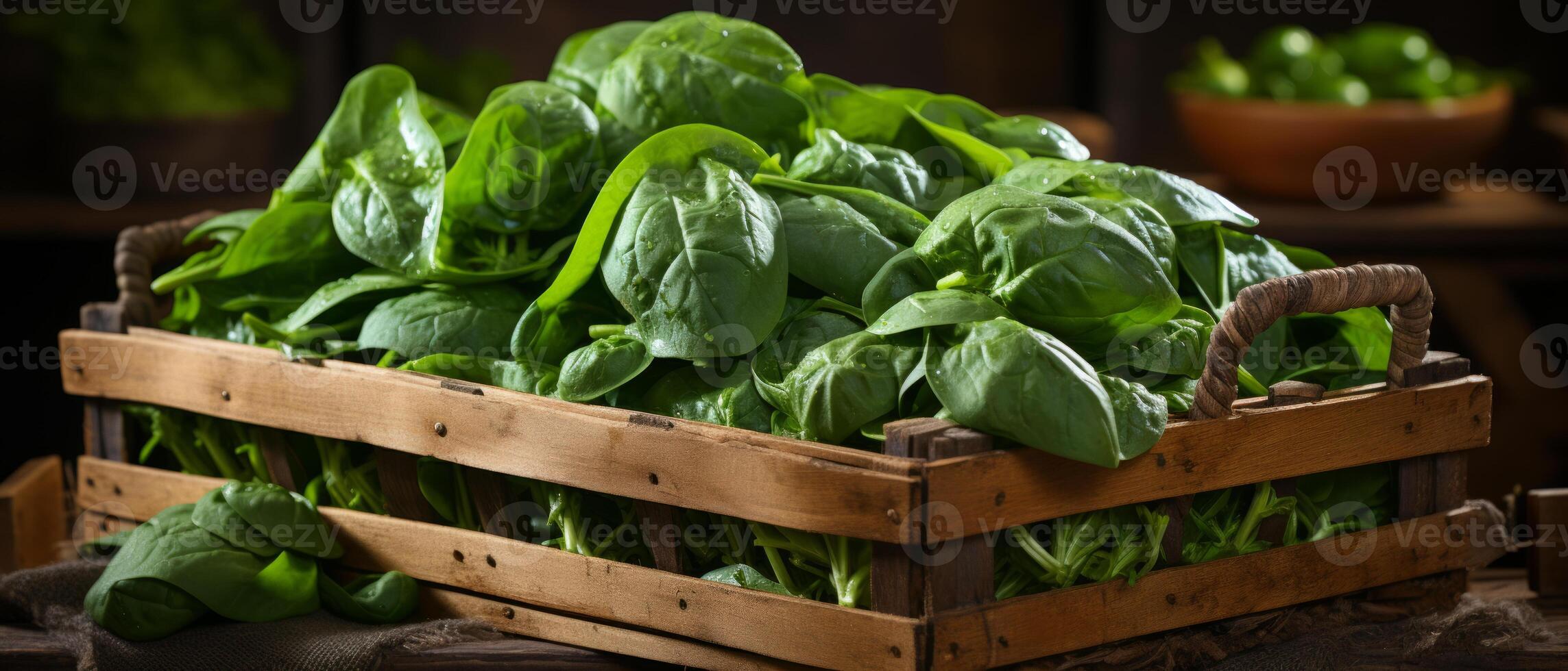 AI generated Close-up of a spinach leaf with glistening water droplets. photo