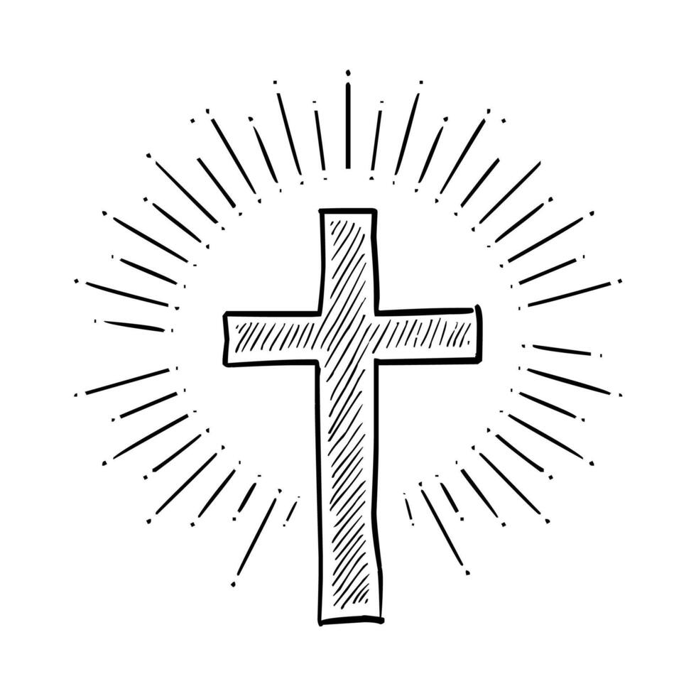 Christian Cross Sketch With Sunburst Vector Illustration