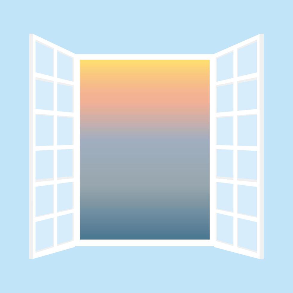 abierto ventana y puesta de sol ver desde habitación con azul pared vector ilustración