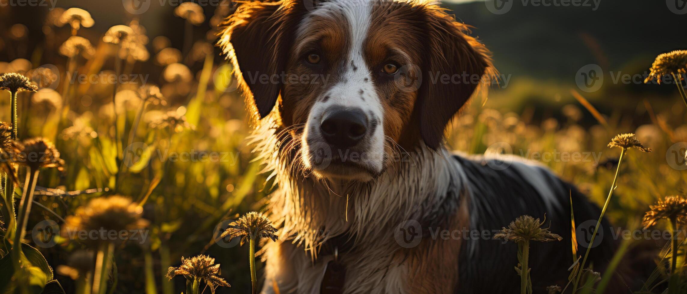 AI generated St. Bernard dog lounging in grass under blue sky. photo