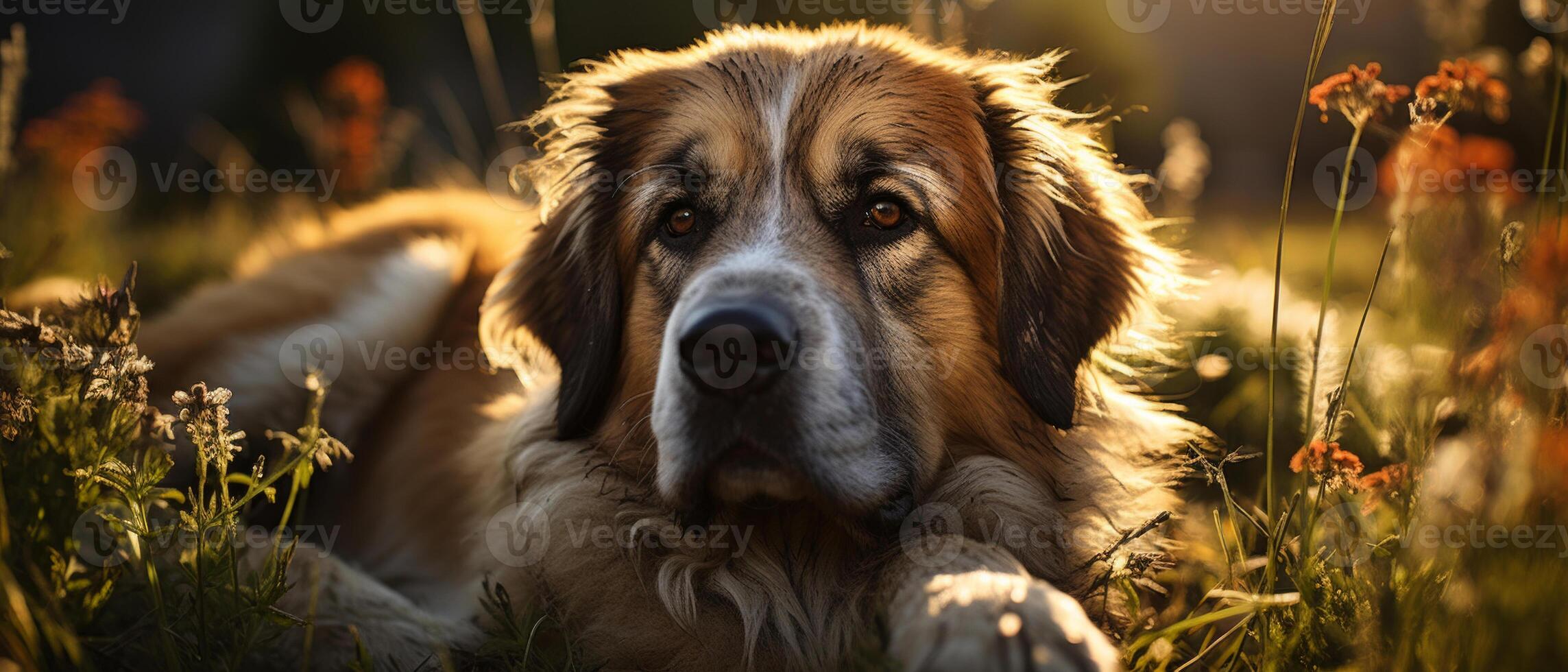 AI generated St. Bernard dog lounging in grass under blue sky. photo